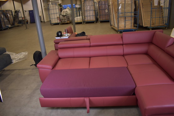 Image 1 of Ledersofa Chilano Rot Mit Schlaffunktion Mit Kopfstützenverstellung Couch Sofa Ecksofa Ledercouch Lederecksofa Schlafsofa 