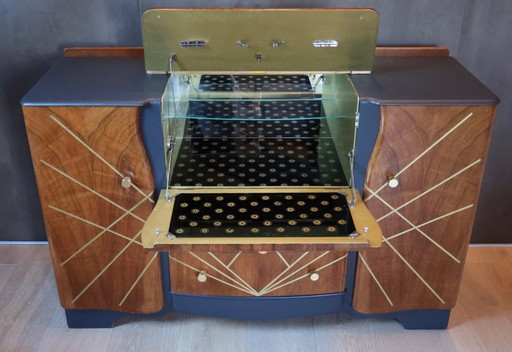 Mobile bar Art Déco vintage, restaurato con cura, antracite e noce