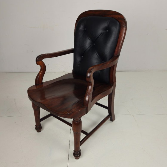 Image 1 of Sedia da biblioteca vittoriana inglese in noce e pelle