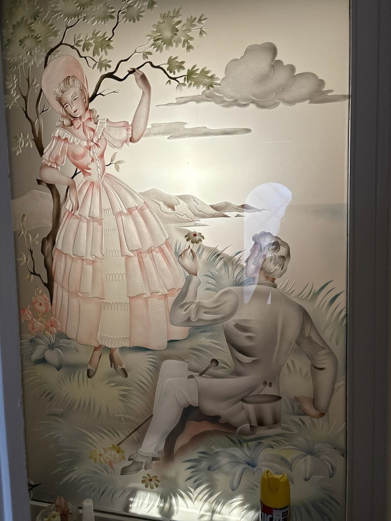 Mid-Century Romantic Pastoral Etched Mirror - Tinted Acid-Engraved Glass Art, Wood, Brown (photo 3 of 5)