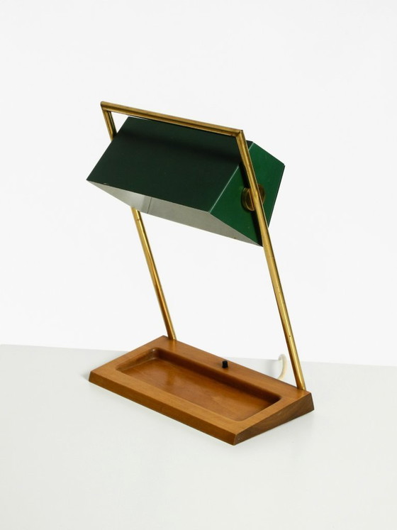 Image 1 of Original large 1960s Temde table lamp with a brass frame, teak base, and green lampshade