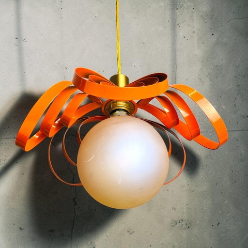 French Modern Orange Metal Ribbon Hanging Lamp, 2000s