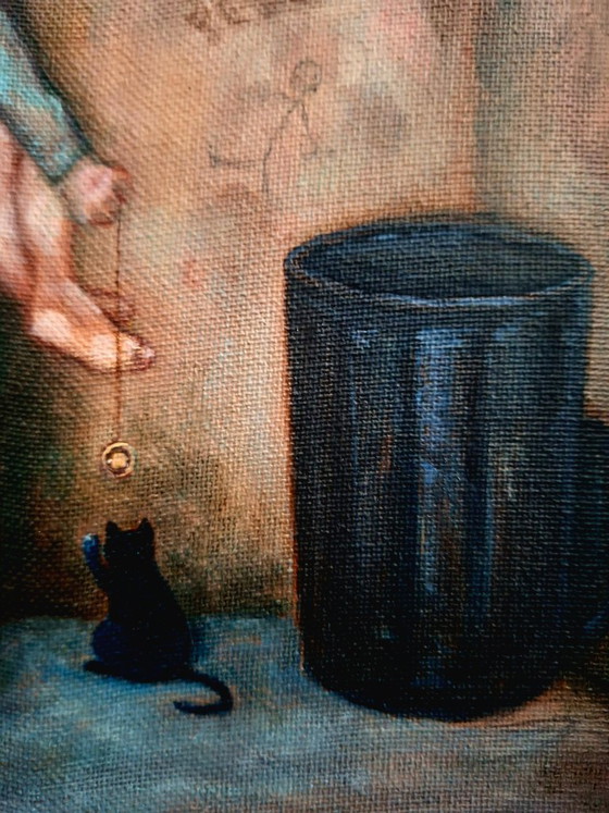 Image 1 of Cuadro Óleo sobre lienzo firmado (1970-1980) - Niño descalzo y gato negro - Decoración 