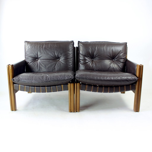 Two Seater Walnut And Leather Sofa By Boris Hála For Ton, 1986