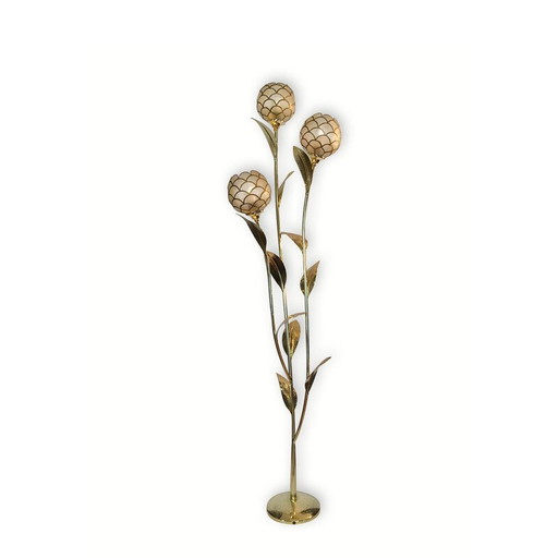Vintage-Stehlampe mit Blumenmuster aus Messing und Perlmutt von Capiz, Frankreich, 1970er Jahre