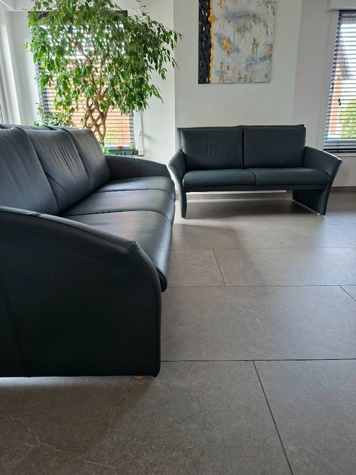 Zeitloses Wohnzimmer-Set aus Leder, 3-Sitzer + 2-Sitzer – Anthrazit