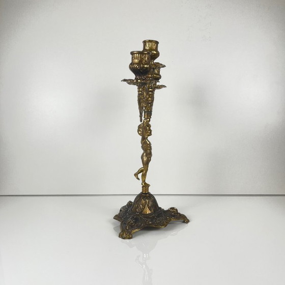 Image 1 of Antique three-arm candelabra in cast brass, cherub, late 19th-early 20th century
