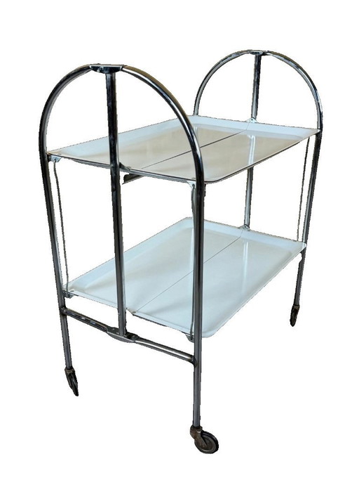 Serveerwagen/eettafel uit de jaren 60/70, design in Space Age-stijl, chroom/wit