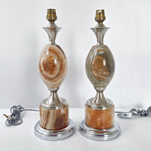 PAIR OF VINTAGE 1970S EGG LAMPS IN MARBLE & CHROME STEEL DLG MAISON BARBIER