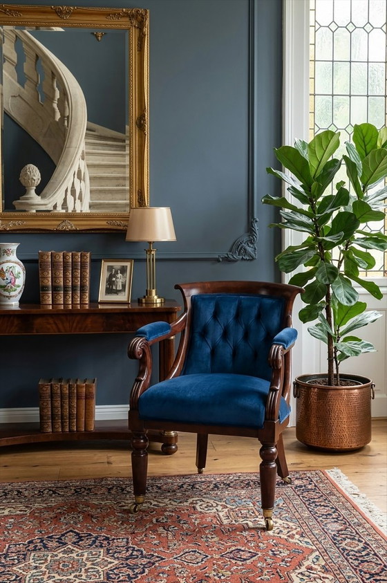 Poltrona Biedermeier con rivestimento in velluto blu – Poltrone, Legno (photo 3 of 3)