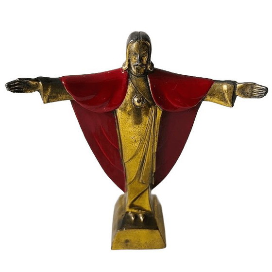 Image 1 of Vintage Jesus Statue, Messing Emaille, rot, 15 cm, 1950er Jahre