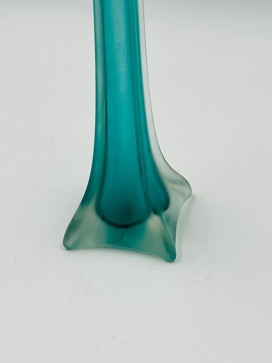 Image 1 of Murano-style turquoise glass bud vase in the shape of the Eiffel Tower