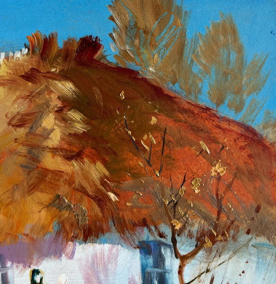 Image 1 of Original Oil Painting Winter Village Landscape Snowy village yard