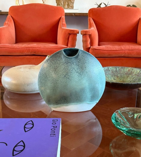 Image 1 of Jarrón solifleur de cerámica azul de mediados de siglo, Francia 1970