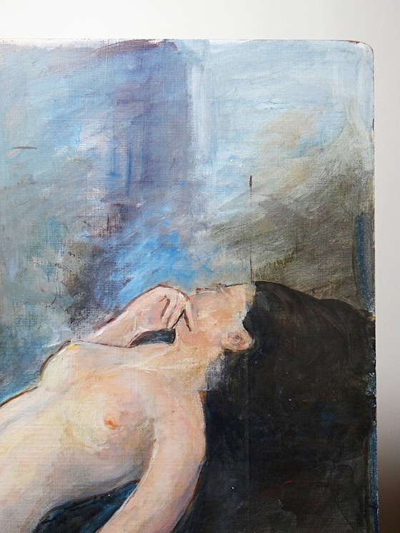 Image 1 of Large painting of a reclining nude woman, modern oil on panel, vintage style