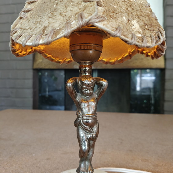 Image 1 of Vintage Tribal Figurine Table Lamp with Hand-Stitched Rawhide Shade and Onyx Base