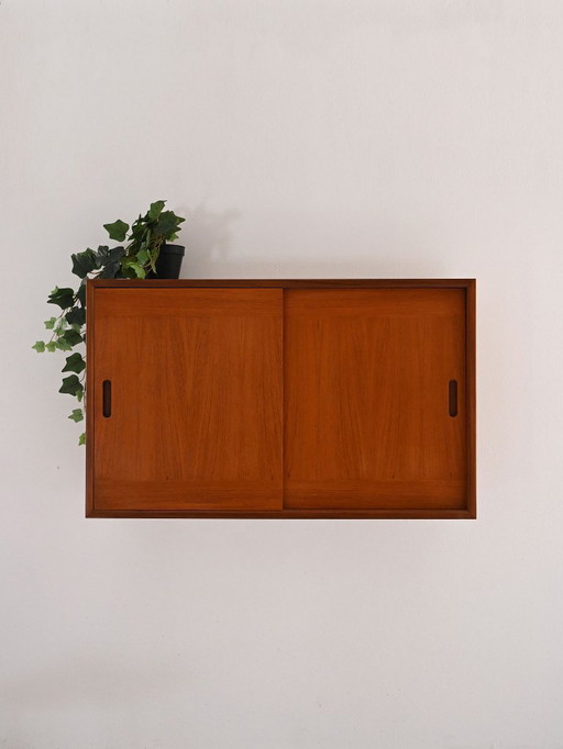 1960s Scandinavian Teak Wall Cabinet with Sliding Doors and Internal Hooks