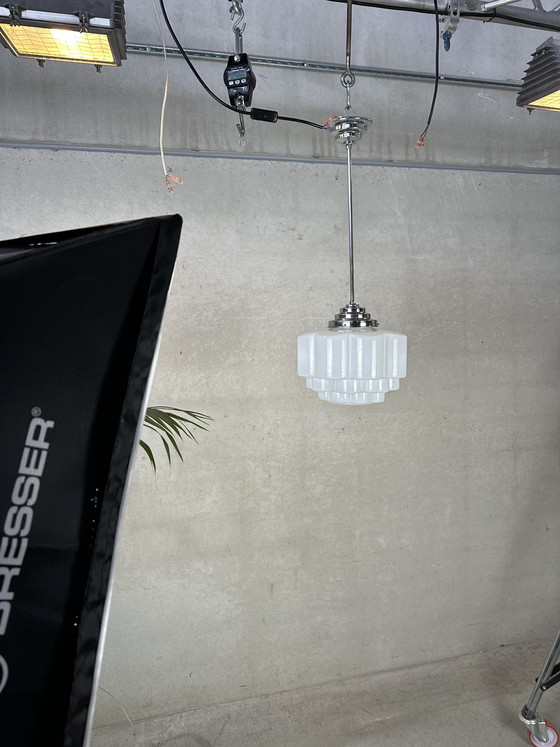 Image 1 of Art Deco pendant lamp - opaline and chrome