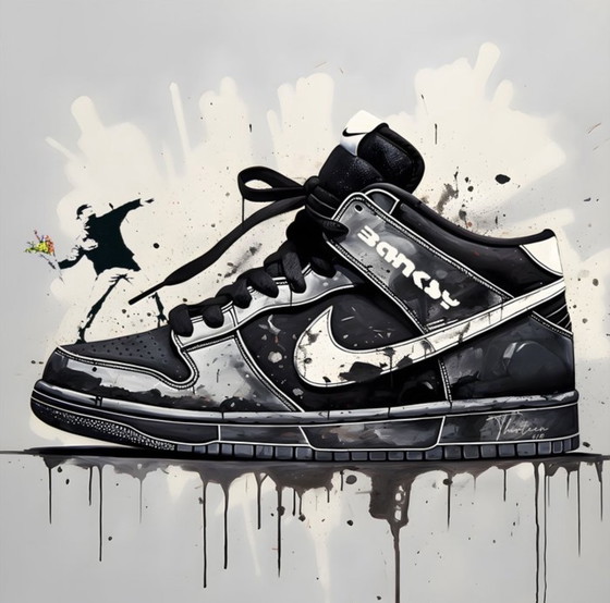 Image 1 of Treize : « Nike Jordan par Banksy ». ​​Signée à la main, édition 6/10. Glicée sur toile. Cadre et système de suspension inclus.