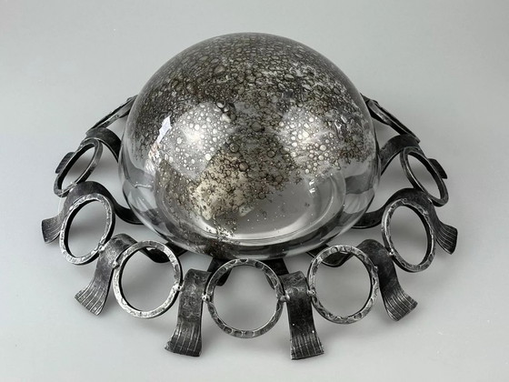 Image 1 of 60s 70s Brutalistische wandlamp of plafondlamp van ijzer & glas design