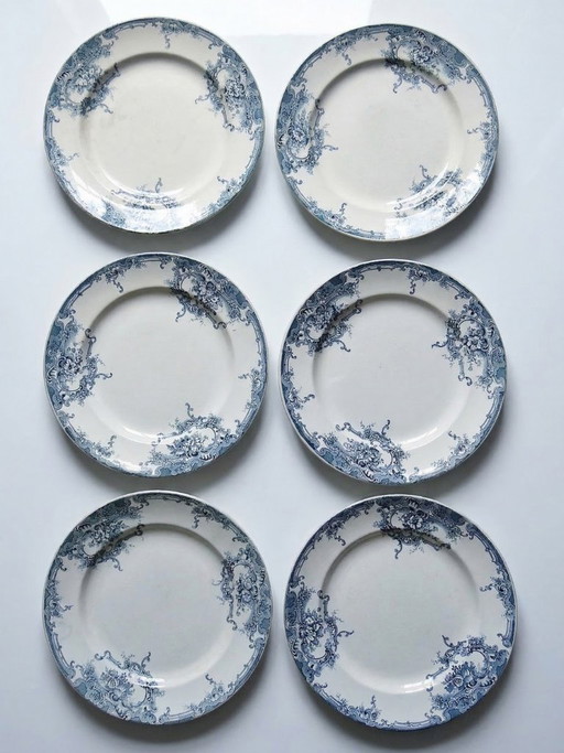 6 assiettes anciennes Boch Frères Keramis modèle Dauphin décor bleu XIXe-XXe