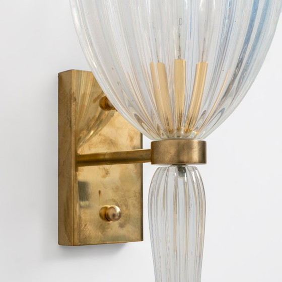 Image 1 of Pair of Italian Murano Iridescent Glass and Brass Wall Sconces