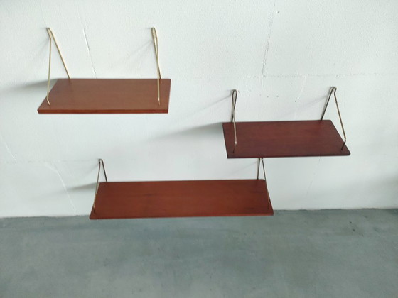 Set van 3 Vintage Teak Wandplankjes met Messing Beugels – Jaren '60 Mid-Century Deens Design – Wandrek, Wood (photo 29 of 52)