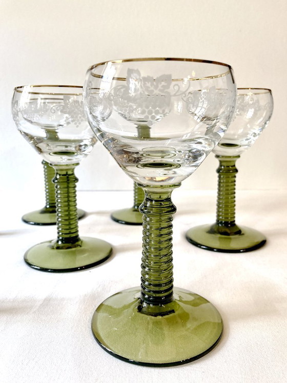 Image 1 of 7 Roemer Alsace wine glasses, moss green stepped stems and gold rim