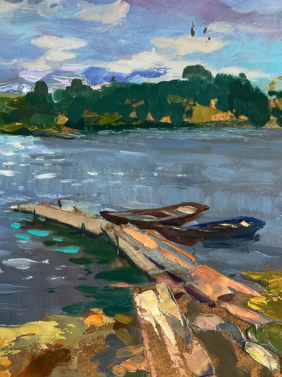 Image 1 of Origineel olieverfschilderij: Natuurlandschap, Kerk, Boot, Zomer, Vissen op de rivier