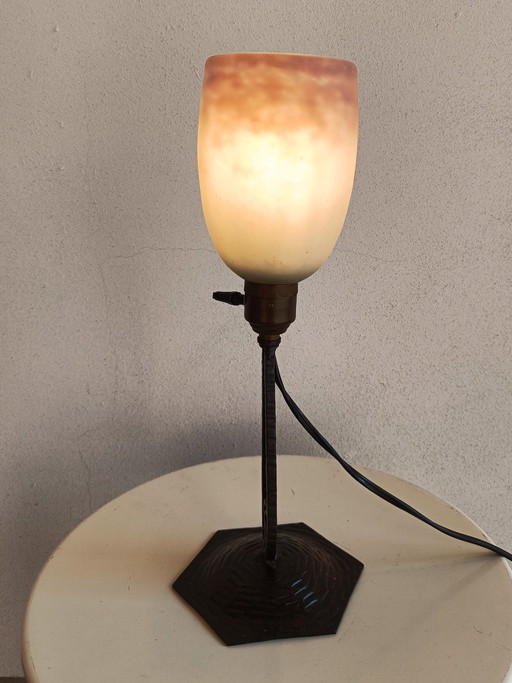 French style wrought iron lamp with signed frosted glass shade