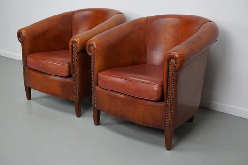 Vintage Nederlandse cognackleurige leren clubfauteuil, set van 2