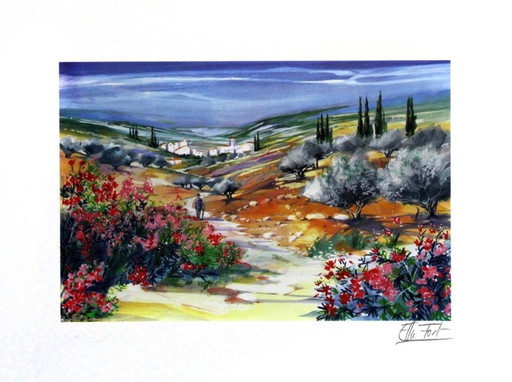 Ella Fort : "L'Arrivée". Lithographie en couleurs signée à la main, E.A..