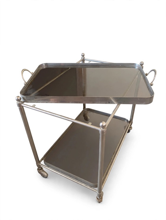 Carrello Bar Vintage in Metallo Argentato e Vetro Fumé - Stile Maison Jansen, Anni '70 - Neoclassico (photo 7 of 9)