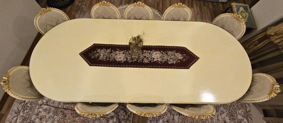 Image 1 of Grand Louis XVI Style Dining Suite: Large Oval Table & 10 Medallion Chairs (Solid Walnut)