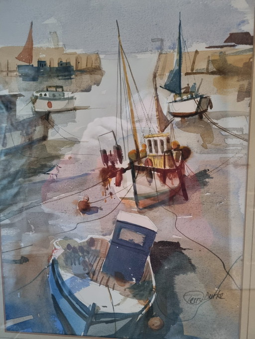 Watercolor Port Brixham South England Terry Burke With Frame