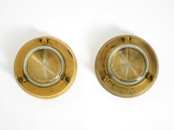 Image 1 of A pair of large, heavy 1950s original maritime ship wall lamps made of brass and glass