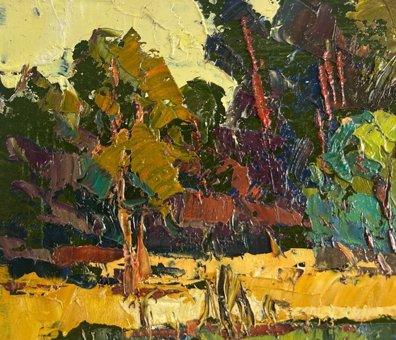 Image 1 of Original Oil Painting Autumn Forest Landscape Dawn over a quiet river