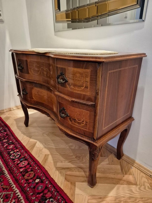 Baroque chest of drawers, walnut inlays – Rococo style, vintage 50s/60s