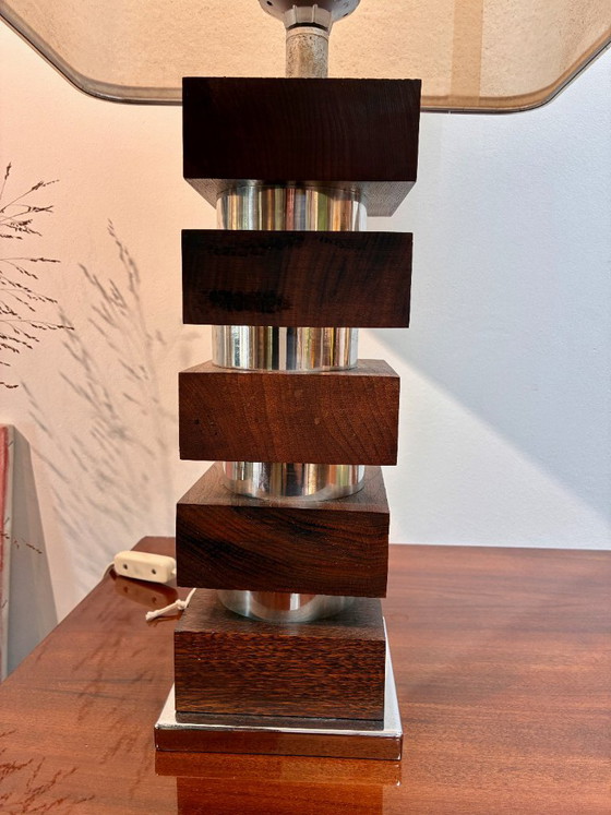 Large Vintage Architectural Table Lamp – Stacked Noble Wood & Chromed Metal Base, Rectangular Lampshade (photo 2 of 6)