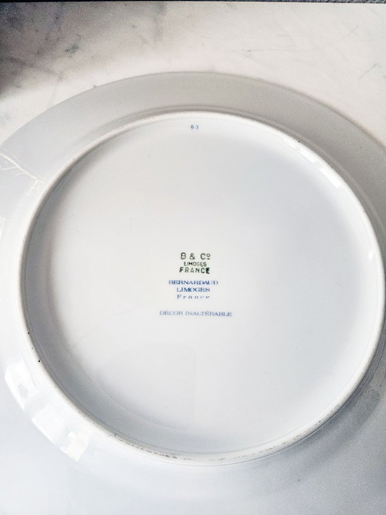 Image 1 of Lot prestige 4 assiettes Porcelaine de Limoges Bernardaud et Co et Emaux Bleu de Four décor fleurs