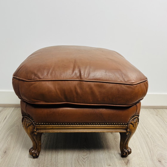 Image 1 of Vintage Queen Anne leather footstool with cabriole legs
