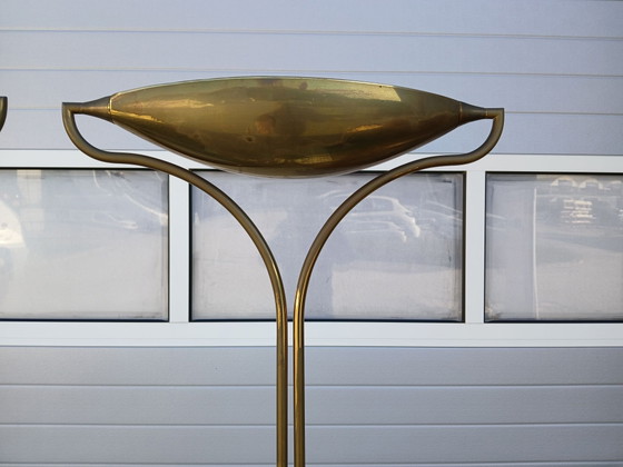 Rare pair (2x) Vintage Florian Schulz 'Dona' Brass Uplighters (1979), Floor lights, Stone, Gold (photo 4 of 10)