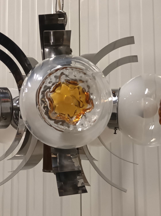 Space Age Chandelier, Murano Glass & Chrome, 70s, Mazzega, Metal, Silver (photo 9 of 15)