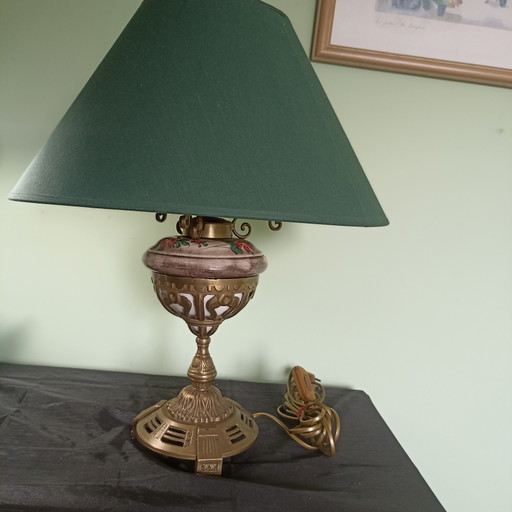 Antique Art Deco Table Lamp with Hand-Painted Earthenware – ca. 1920/1930 (Original Shade) – tafellampen, Bronze
