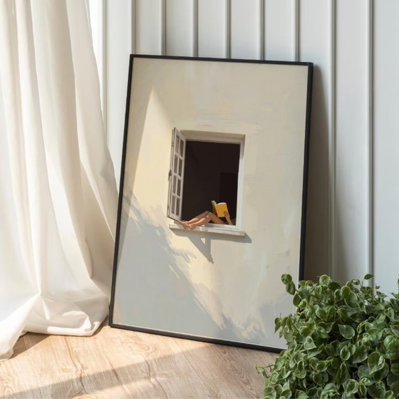 Image 1 of Window Minimalist Digital Wall Art, Calm Summer Window Print, Book Lover Digital Download, Soft Dopamine Decor, Aesthetic Home D