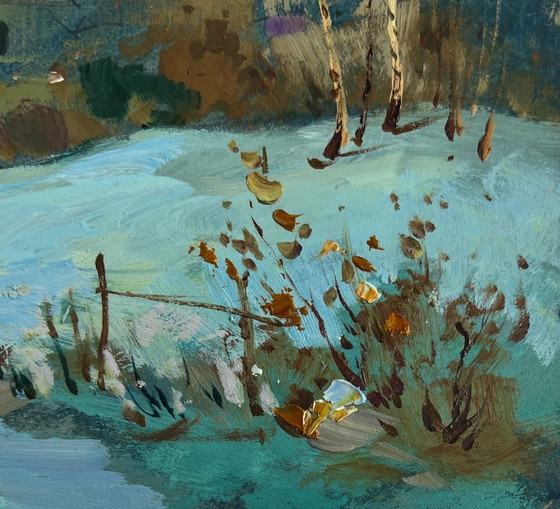 Image 1 of Original Oil Painting Evening Winter Landscape Sunset behind the village