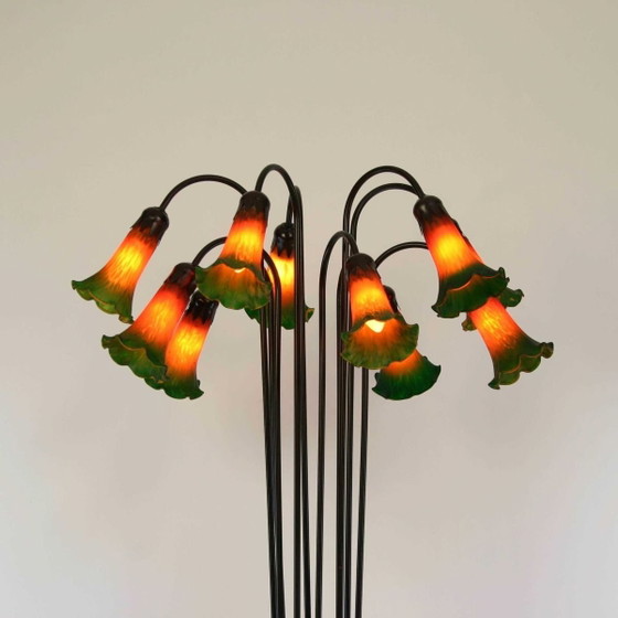 Image 1 of Large Art Nouveau Lily Floor Lamp in Tiffany Style | 10 Light Points | Paste Glass