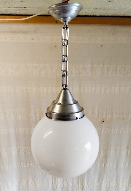 Image 1 of XXL opal glass globe industrial pendant light - 1940s/50s