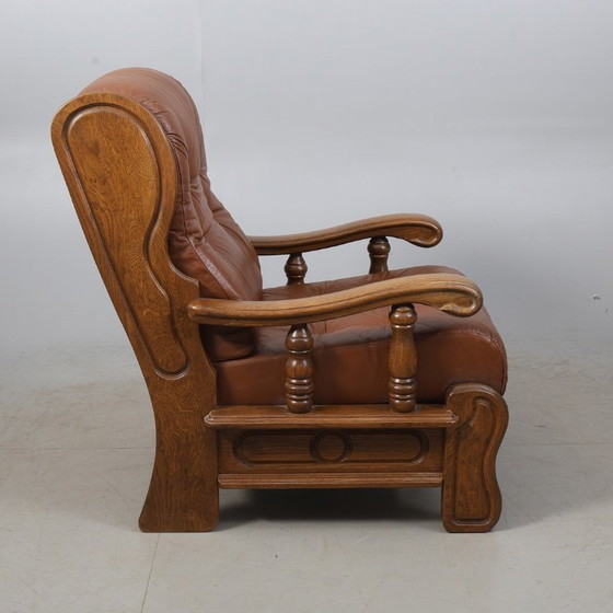 Image 1 of Sessel aus Eiche und Leder – Skandinavisch inspirierter Lounge-Klassiker – Warmer Holz- und Lederkontrast