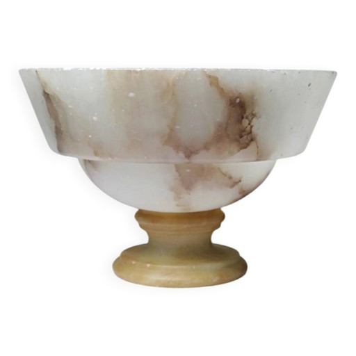 Bol vintage italien en albâtre sur pied, blanc et beige, années 1960.